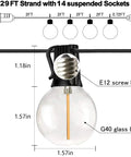Diagram of 29ft strand with G40 glass bulb and E12 socket, part of 2 Pack 100ft Outdoor String Lights with G40 Shatterproof LED Bulbs.
