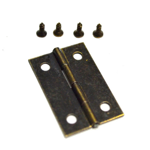Set Of Ten Bronze Butt Hinges With Mounting Screws For Doors And Furniture Hella Sturdy Zinc Alloy Hardware No Fuss Installation Perfect For Your Next DIY Build Or Small Woodworking Project Smooth Finish Every Time, showing a hinge and screws.