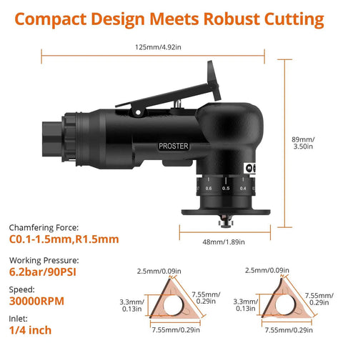 Air Powered Chamfer Tool Kit With Dual Blade System R And C Blades, 30000 RPM Deburring Machine side view with dimensions