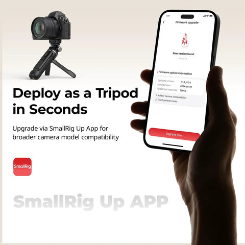 Multifunction Wireless Shooting Grip With Adjustable Selfie Stick And Integrated Remote, shown with app for tripod setup