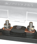 Mega AMG Fuse Block With Cover For 100-300 Amp DC Power, Marine Grade 32V, 4.07 X 1.5 Inches, Accepts 5/16 Inch Ring Terminals, Insulated Cover Breakouts Allow Wire Access In Three Directions, Beefy Stainless Studs For Corrosion Resistance And Easy. marine fuse block with cover, black base and clear insulated cap, 5/16-inch studs