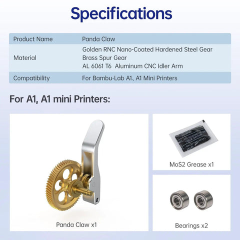 Panda Claw Upgraded Extruder Brass Gear For Bambu Lab A1 And A1 Mini 3D Printers With Golden RNC Nano Coating shown with bearings and grease