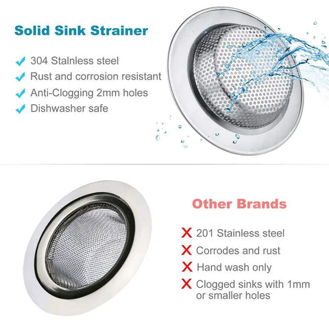 Comparison of solid sink strainer with 304 stainless steel featuring anti-clogging holes and rust-resistant properties versus other brands.