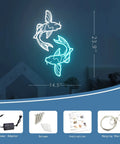 Koi Fish Neon Sign Ice Blue And White LED Light Art, 14 Inch Acrylic Flex Neon on wall with accessories shown below