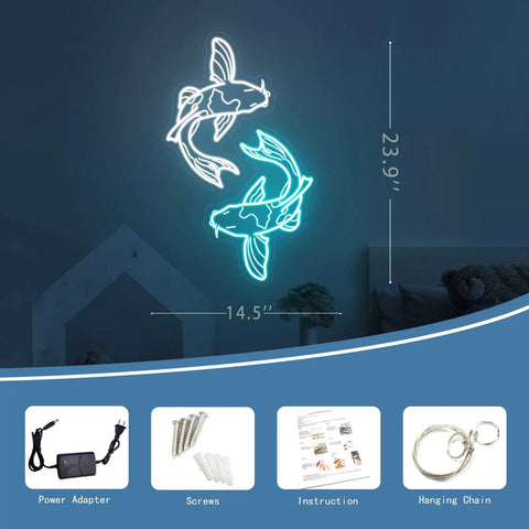 Koi Fish Neon Sign Ice Blue And White LED Light Art, 14 Inch Acrylic Flex Neon on wall with accessories shown below
