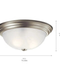 Three Light Flush Mount Ceiling Light in Brushed Nickel With Clear Satin Etched Glass, 15.25 Inch Wide, shown with dimensions