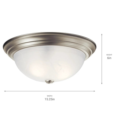 Three Light Flush Mount Ceiling Light in Brushed Nickel With Clear Satin Etched Glass, 15.25 Inch Wide, shown with dimensions