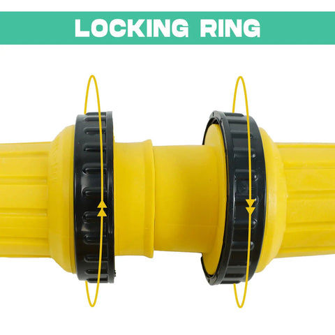 Close-up of locking ring on Beefy 25 Ft 30 Amp 125V RV Power Cord Marine Grade Yellow L5-30P To L5-30R with black rings