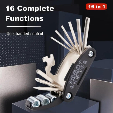 16 In 1 Bike Multitool For Mountain And Road Bikes Foldable Bicycle Tool Kit with tools extended and visible.