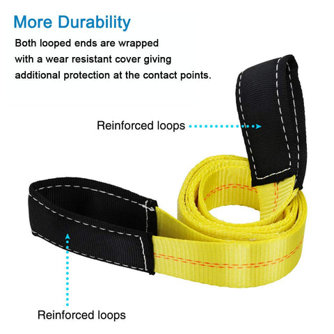 Two Pack 6 Ft By 2 In Lifting Straps With Flat Loops Heavy Duty Nylon Web 9400 Lbs Basket Rated Capacity And 3333 Lbs Vertical 2 Ply Polyester Tree Saver Recovery Strap For Tow Winch And Load Handling with reinforced loops.