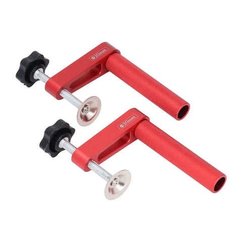 Two-Piece Bench Dog Clamps Set With Lightweight Aluminum Alloy For Strong Gripping Power In Milling And Cutting 0.79 Inch Size Includes Silicone Pads To Protect Workpieces, shown in red with black knobs