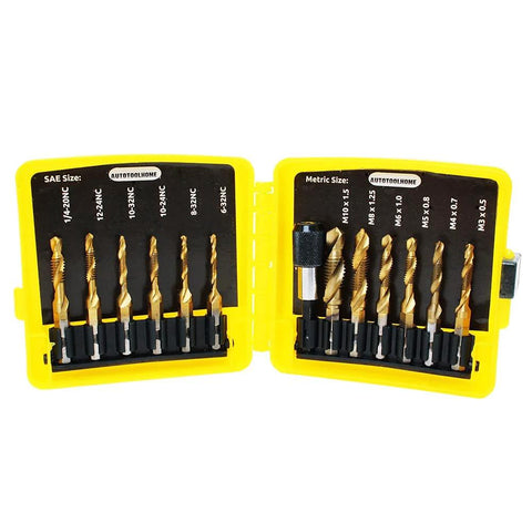 AUTOTOOLHOME titanium drill and tap bit set, 13 pcs, SAE and metric sizes, in yellow case.