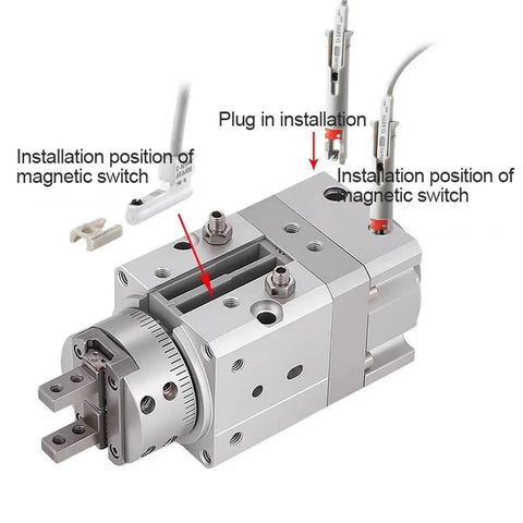 Professional Grade Heavy Duty Rotary Actuator Pneumatic Gripper Angle Finger Cylinder with magnetic switch installation details.