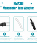 RMA316 manometer tube adapter set, 2 pieces; front view shows black fittings and clear tubing