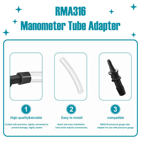 RMA316 manometer tube adapter set, 2 pieces; front view shows black fittings and clear tubing
