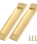Sliding Barn Door Pull Handles 2 Pack Aluminum Alloy Flush Recessed Rectangular Pulls in gold, screws included, front view.