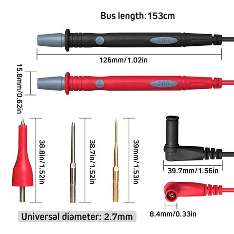 16 Piece Multimeter Test Lead Kit With Gold Plated Probes, Stackable Banana Plug Leads, Back Probe Pins And Alligator Clips, dimensions shown