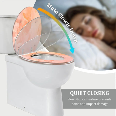 Elongated Toilet Seat Quiet Close for Home Bathroom with soft-close lid and colorful design, shown partially open on a toilet.