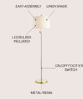 60 Inch Dope Brass Gold And White Modern Floor Lamp With White Linen Drum Shade, featuring LED bulbs, foot switch, UL listed.