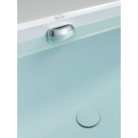 Deep Soak Bath Drain With Overflow, 2 in Deeper Water Level, White, Tap Actuated Pop Up Stopper installed in a bathtub