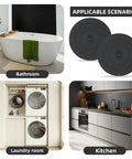 Heavy Duty Silicone Tub Stopper Two Pack Standard Six Inch Drain Plug displayed in bathroom, laundry room, and kitchen settings.