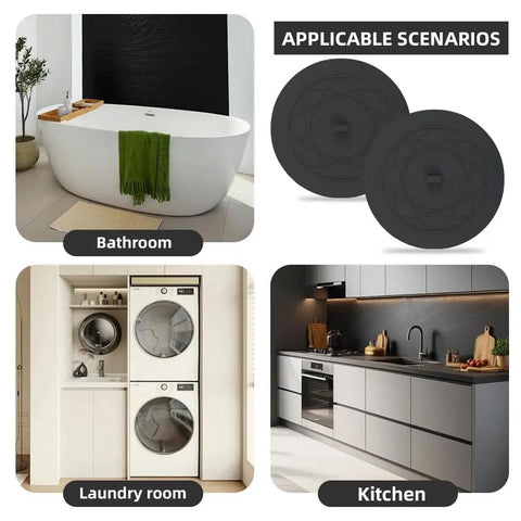 Heavy Duty Silicone Tub Stopper Two Pack Standard Six Inch Drain Plug displayed in bathroom, laundry room, and kitchen settings.