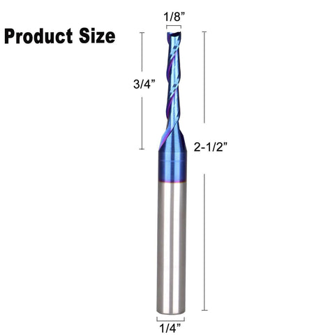 Solid Carbide Spiral Upcut Router Bits Set Two Pieces One Quarter Inch Shank One Eighth Inch Cutting Diameter Two And A Half Inch Total Length Nano Blue Coating Workhorse For Carving Standard Milling Finishing And Boring