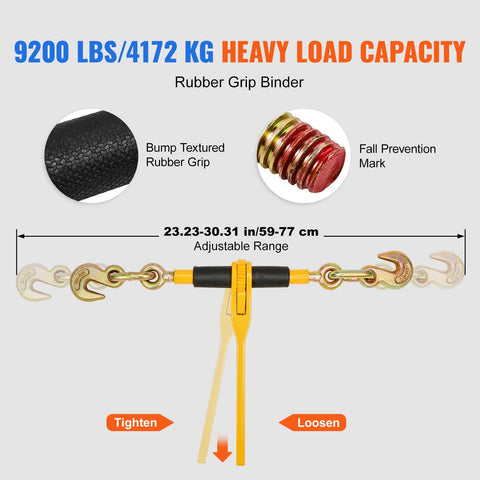 Heavy Duty Chain And Binder Kit For Truck Tie Downs And Hauling, 3/8 To 1/2 Inch Ratchet Load Binders With 9200 Lbs Working Load Limit diagram
