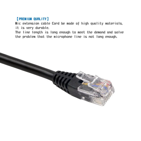 Long Reach Mic Extension Cable For Mobile Ham Radios, 6.5 Foot RJ12 6-Pin Cord close-up with durable black material and clear connector