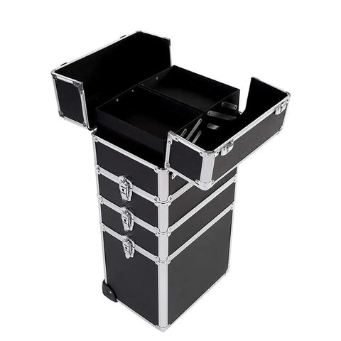 Portable Aluminum Frame 4 In 1 Tool Box On Wheels With Removable Carry Case Travel Trolley Organizer open with compartments visible