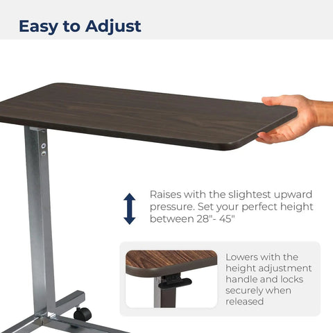 Heavy Duty Adjustable Overbed Table With Dead Simple Height Changes Non Tilt Wood Grain Top And Smooth Rolling Swivel Casters For Zero Hassle Room Moves, adjustable height feature with textured top.