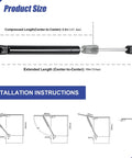 Image showing Top Shelf 10 Inch Gas Spring Shocks dimensions and installation instructions for truck and RV use.