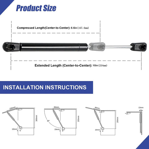 Image showing Top Shelf 10 Inch Gas Spring Shocks dimensions and installation instructions for truck and RV use.