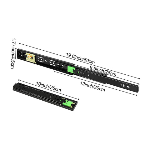 Workhorse 10 Inch 3 Pairs Push To Open Drawer Slides Heavy Duty Full Extension side mount with dimensions displayed
