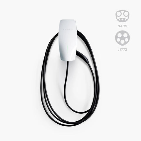 Tesla Universal Wall Connector For Home EV Charging Dual Plug NACS And J1772 Level 2 EV Charger wall mounted view.