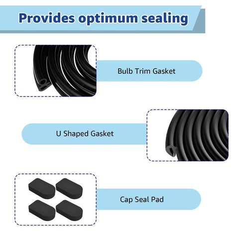 Bilco basement door seal kit: 1 U-shaped gasket, 1 bulb trim gasket, 4 cap seal pads, black rubber weatherstripping.