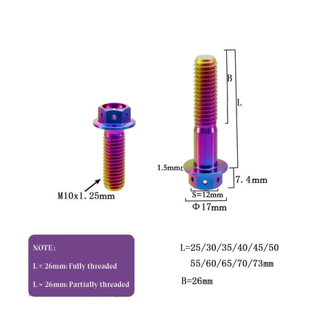 Premium Grade Titanium Flanged Hex Head Bolts M10 X125 Pitch X73mm beefy disc brake caliper bracket screws, colorful detail.