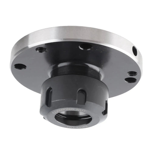 Rugged Heavy Duty Carbon Steel ER32 Collet Fixture D100 With 100 Mm Flange For CNC Lathe And Milling Machines Router Accessories Tooling Plate Replacement Industrial Machining Component shown in angled view