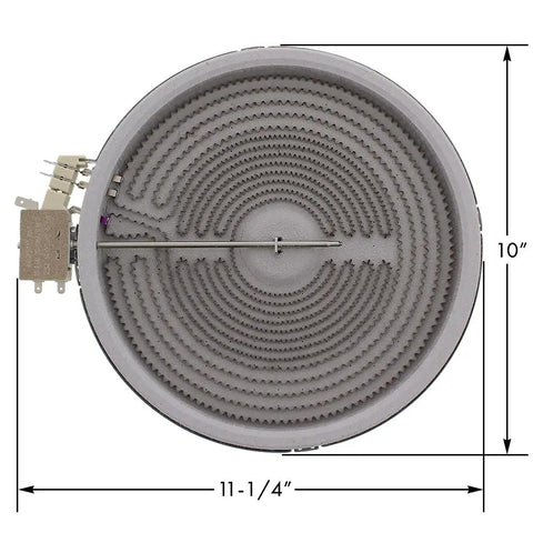Range Surface Element RS975D25 Replacement For Stoves Drop In Easy Install Gray Color 1 Year Warranty Compatible With 316555800 And W10275049 Top Notch Quality Replacement For Your Oven showing coil design and dimensions.