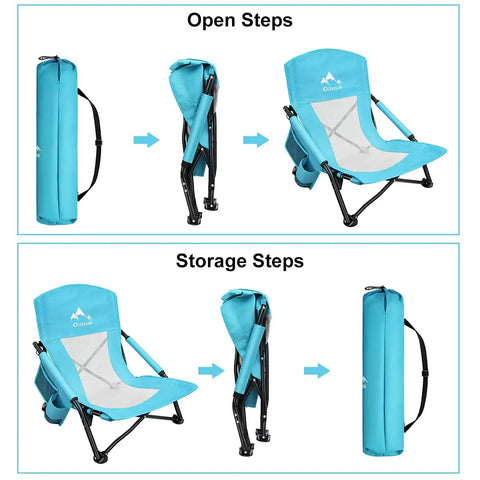 Low Beach Chair for Beach Tent and Camping, Ultralight Folding Recliner With Cup Holder showing open and storage steps.