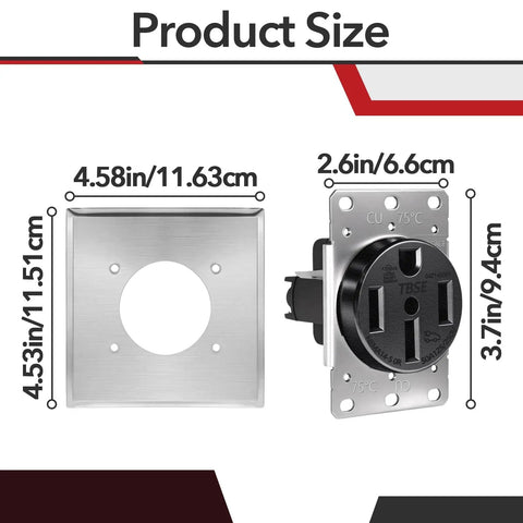 Nema 14-50R Straight Blade Receptacle, 50 Amp 125/250V Electric Vehicle Socket For Rvs, showing size dimensions and details.