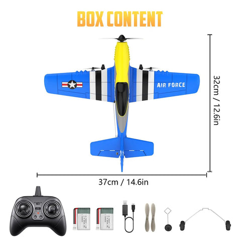 P-51D Mustang 3 Channel RC Plane With Ready To Fly Setup, 2.4GHz Remote Control, 6-Axis Gyro Stabilizer, box contents shown
