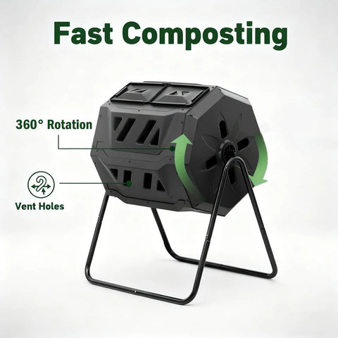 Outdoor Tumbling Composter 43 Gallon Dual Chamber With Black Door Fast Assembly Rotating Compost Bin For Backyard Garden And Yard Efficient Composting For Fresh Organic Soil