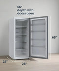 14 Cu Ft Convertible Upright Freezer And Refrigerator In Warm White Panel Featuring Hassle Free Mode Switch Flex Config Layout And Ample Shelving For Snacks And Beverages, with open doors showing interior layout.
