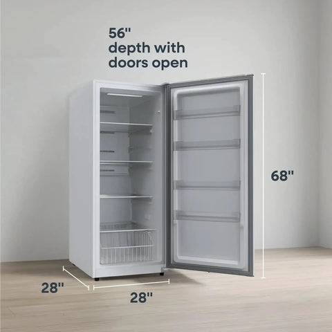 14 Cu Ft Convertible Upright Freezer And Refrigerator In Warm White Panel Featuring Hassle Free Mode Switch Flex Config Layout And Ample Shelving For Snacks And Beverages, with open doors showing interior layout.