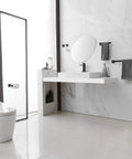 Modern bathroom with Four Piece Black Stainless Steel Bathroom Accessory Set with 23.6 inch towel bar and sleek fixtures.