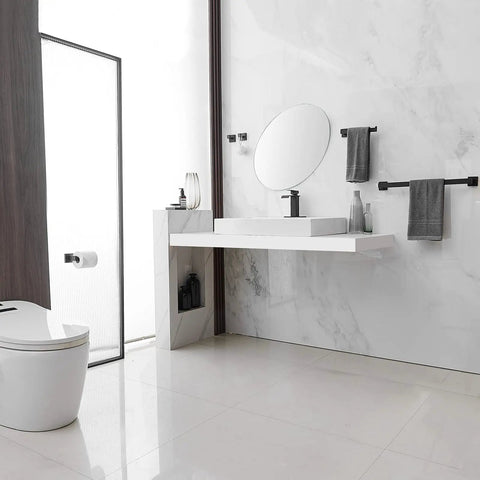 Modern bathroom with Four Piece Black Stainless Steel Bathroom Accessory Set with 23.6 inch towel bar and sleek fixtures.