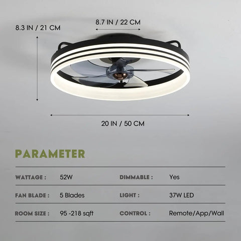 Ceiling Fan With Light 20 Inch Black Flush Mount Low Profile With 6 Speeds Dimmable LED Light Timing Reversible Wind And Memory Function Smart Fan For Bedroom Living Room Kids Room