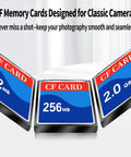 Three CF memory cards with storage options 512MB, 256MB, 2.0GB, designed for classic cameras with seamless performance.