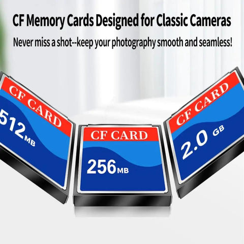 Three CF memory cards with storage options 512MB, 256MB, 2.0GB, designed for classic cameras with seamless performance.